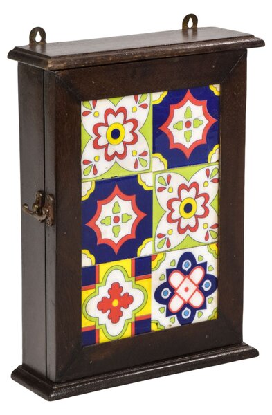 Skříňka na klíče z mangového dřeva, keramické dlaždice, 22x8x31cm (MB)