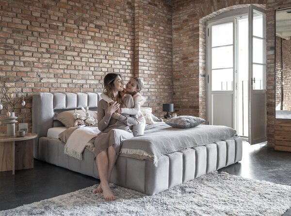 Manželská postel 180 cm Luxa (šedá) (s roštem, úl. prostorem a LED)