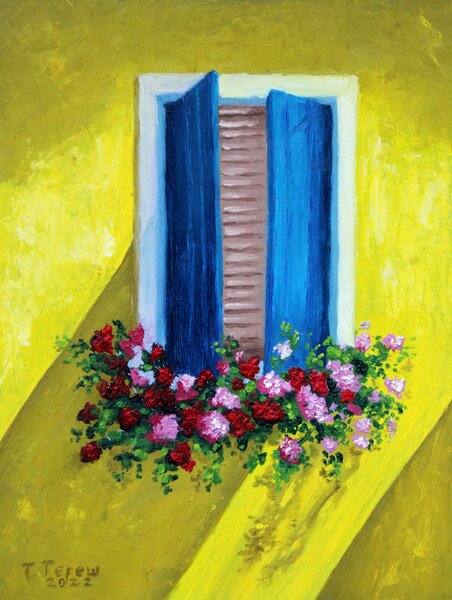 Ručně malovaný obraz od Tetiana Tereš - "Okno s květinami", rozměr: 23 x 31 cm