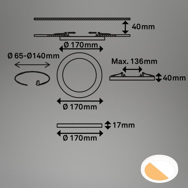 BRILO 7609116 CTS vestavné svítidlo, 17 cm, 12W, 1190lm, bílé - BRILONER