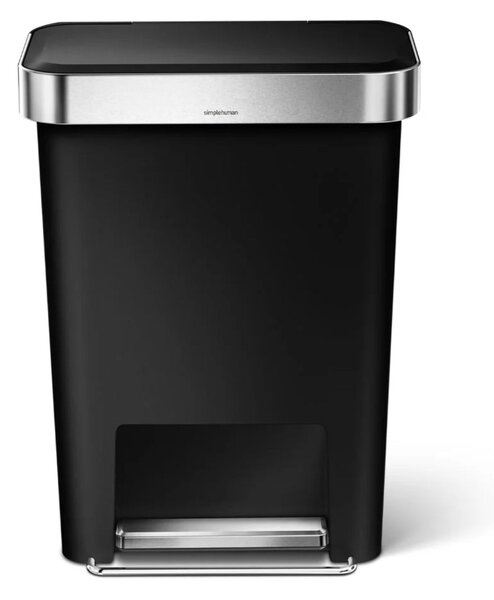 Pedálový odpadkový koš Simplehuman – 45 l, kapsa na sáčky, obdélníkový, černý plast /nerez