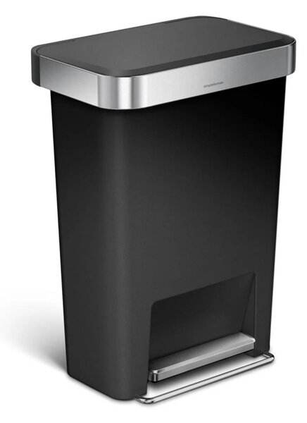Pedálový odpadkový koš Simplehuman – 45 l, kapsa na sáčky, obdélníkový, černý plast /nerez