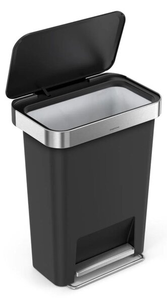 Pedálový odpadkový koš Simplehuman – 45 l, kapsa na sáčky, obdélníkový, černý plast /nerez