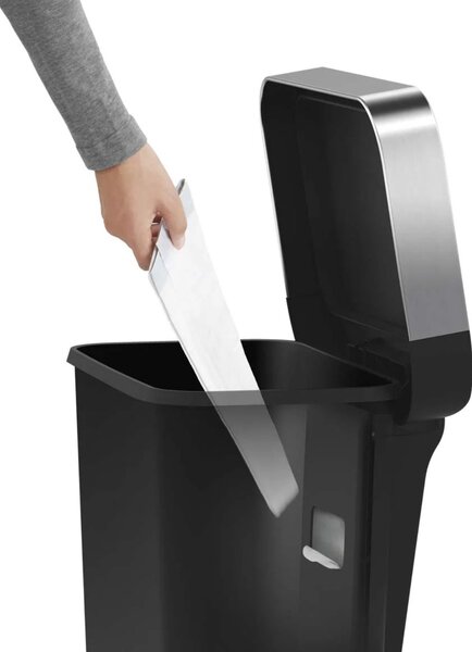 Pedálový odpadkový koš Simplehuman – 45 l, kapsa na sáčky, obdélníkový, černý plast /nerez