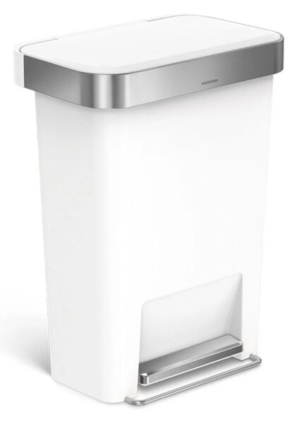 Pedálový odpadkový koš Simplehuman – 45 l, kapsa na sáčky, obdélníkový, bílý plast / nerez