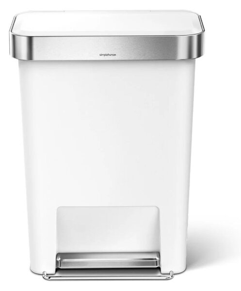 Pedálový odpadkový koš Simplehuman – 45 l, kapsa na sáčky, obdélníkový, bílý plast / nerez