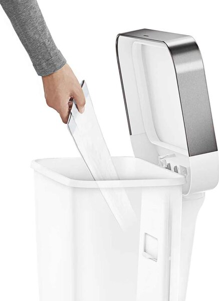Pedálový odpadkový koš Simplehuman – 45 l, kapsa na sáčky, obdélníkový, bílý plast / nerez