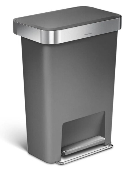 Pedálový odpadkový koš Simplehuman – 45 l, kapsa na sáčky, obdélníkový, šedý plast / nerez