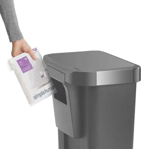 Pedálový odpadkový koš Simplehuman – 45 l, kapsa na sáčky, obdélníkový, šedý plast / nerez