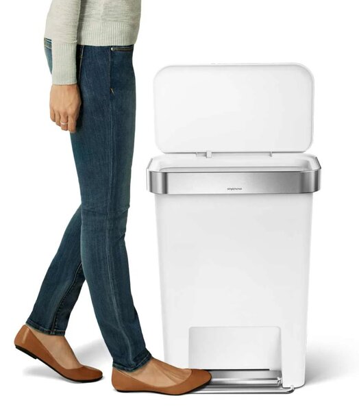 Pedálový odpadkový koš Simplehuman – 45 l, kapsa na sáčky, obdélníkový, bílý plast / nerez