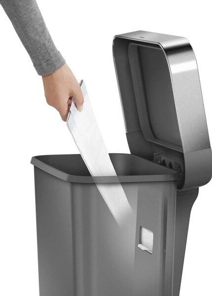 Pedálový odpadkový koš Simplehuman – 45 l, kapsa na sáčky, obdélníkový, šedý plast / nerez