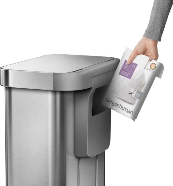 Pedálový odpadkový koš Simplehuman – 55 l, matná ocel, FPP, kapsa na sáčky