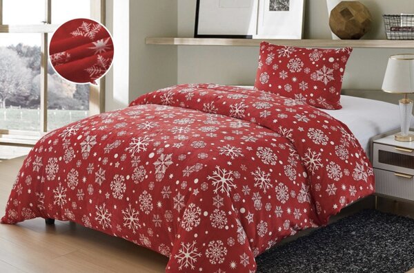 Luxusní mikroplyšové povlečení Vločky Červené 140×200/70×90 cm – Vánoční hřejivé povlečení se sněhovými vločkami
