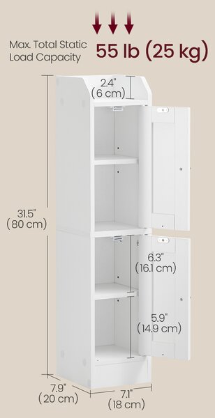 VASAGLE Úzká koupelnová skříňka SIREN nastavitelné police a otevírání 18 x 80 x 20 cm bílá