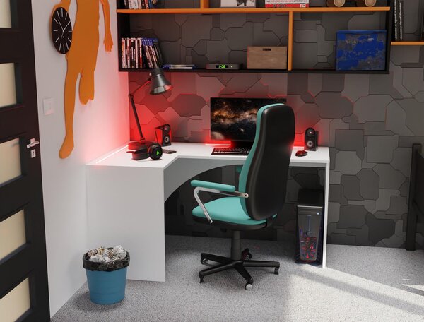 Rohový LED PC stolek Uhlominn (bílá). Akce -19%