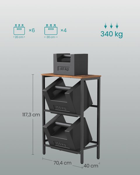 SONGMICS Kovový stojan LIFEWIT pro 4 přepravky s policí, nosnost 340 kg 70 x 117 x 40 cm hnědá