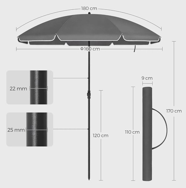 SONGMICS Plážový slunečník 160 cm šedá