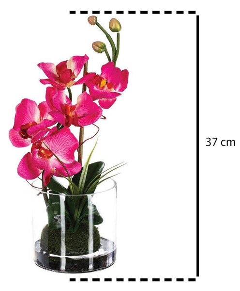 Růžová orchidej v skleněné váze, domácí dekorace, výška 37 cm