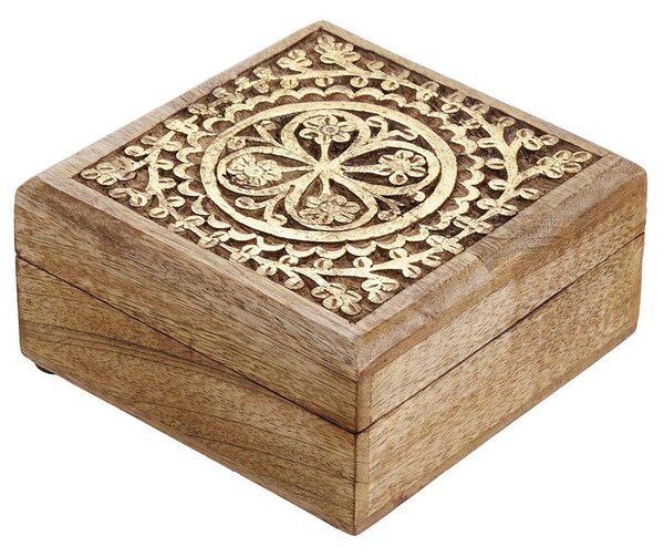 TREASURE Truhla s dřevořezbou čtvercová 14 cm