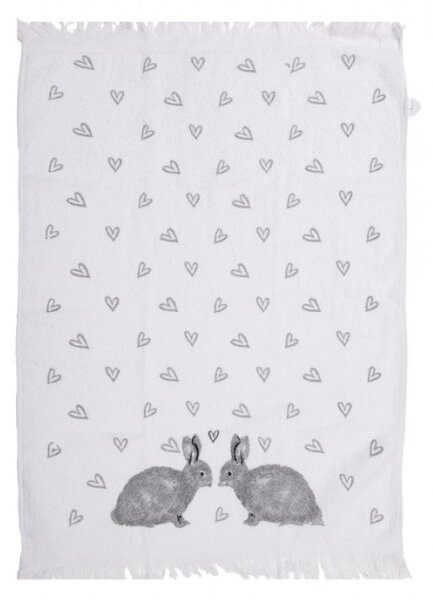 Bílý bavlněný ručník pro hosty se šedými zajíčky a srdíčky Bunnies in Love – 40x66 cm