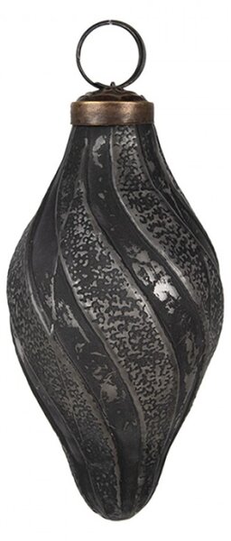 Černá skleněná vánoční cetka s šedým odřením a pruhy Karlijn – 6x11 cm
