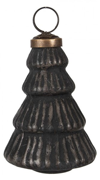Černá skleněná vánoční cetka stromek se šedým odřením Karlijn – 6x9 cm
