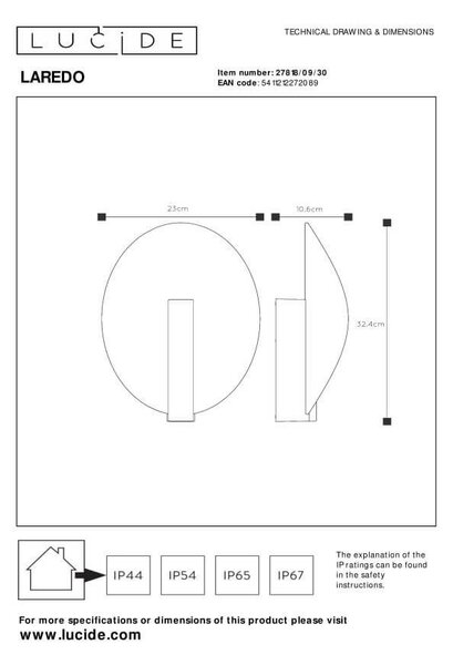 Lucide L278180930 LED venkovní nástěnné svítidlo LAREDO | 9W integrovaný LED zdroj | 300lm | 2700K