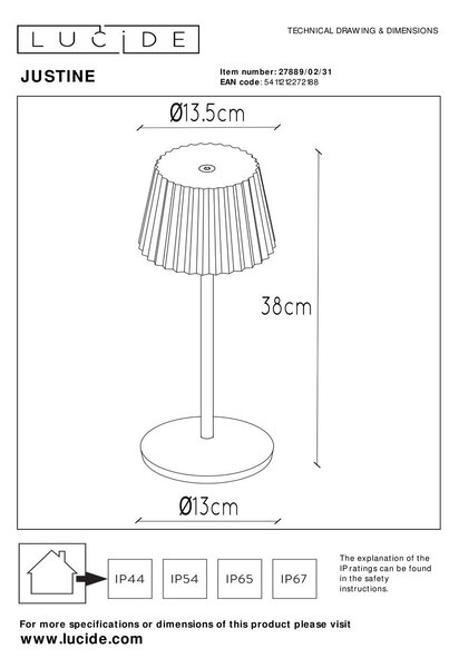 Lucide L278890231 LED venkovní stolní svítidlo JUSTINE | 2W integrovaný LED zdroj | 210lm | 2700K