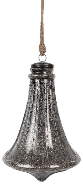 Černá skleněná vánoční cetka zvoneček s proužky a stříbrným zdobením Paulette M – 17x27 cm
