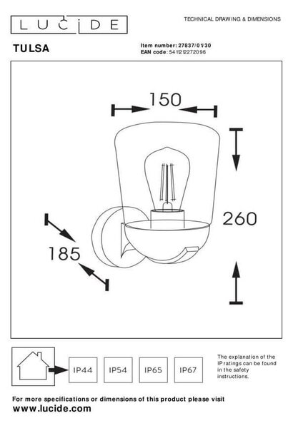 Lucide L278370130 venkovní nástěnné svítidlo TULSA E27
