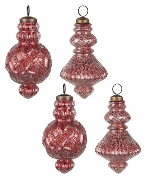Set 4 skleněných vánočních cetek červená ve tvaru zvonečků s proužky – 8x15 cm