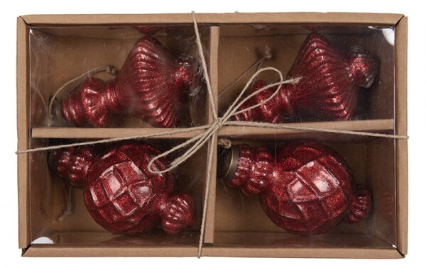 Set 4 skleněných vánočních cetek červená ve tvaru zvonečků s proužky – 8x15 cm