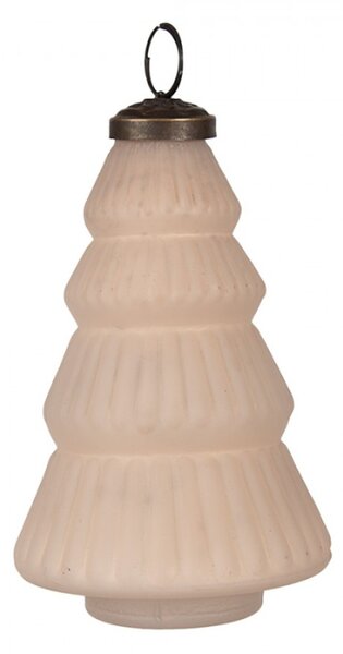 Béžová skleněná vánoční cetka ve tvaru stromečku s proužky – 7x13 cm