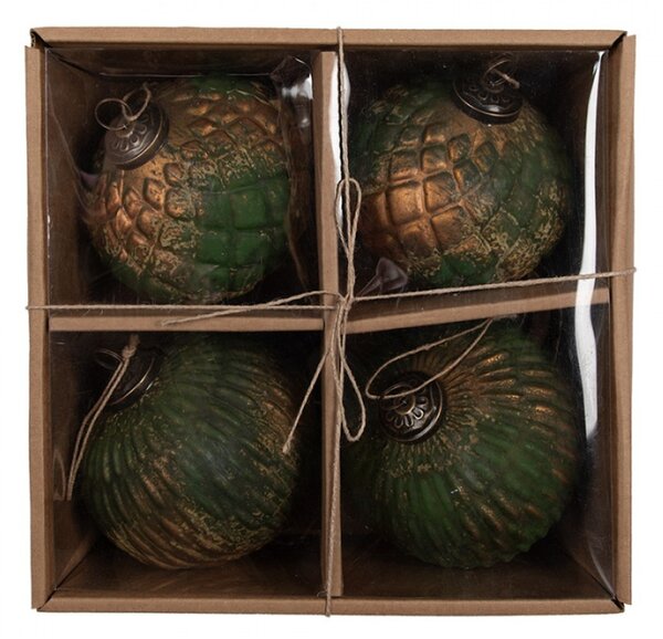 Set 4 skleněných vánočních cetek zeleno-zlatá ozdoba ve tvaru obrácené kapky s kostičkami a proužky – 13x13 cm