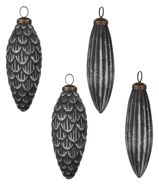 Set 4 skleněných vánočních cetek šedá ozdoba s proužky ve tvaru diamantu – 7/6 cm