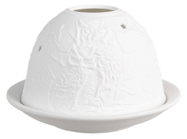 Bílý porcelánový svícen na čajovou svíčku se sovami ve větvích stromů – 12x8 cm