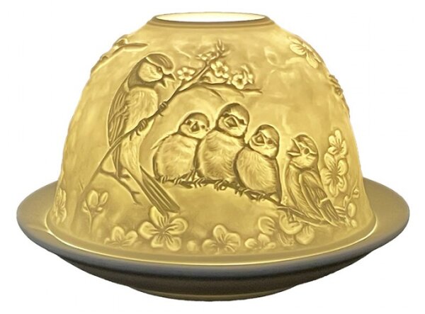 Bílý porcelánový svícen na čajovou svíčku s ptačí rodinkou a kytičkami – 12x8 cm