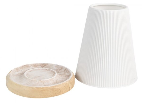 Bílý porcelánový stojan na čajovou svíčku s proužky a dřevěným podstavcem – 9x11 cm