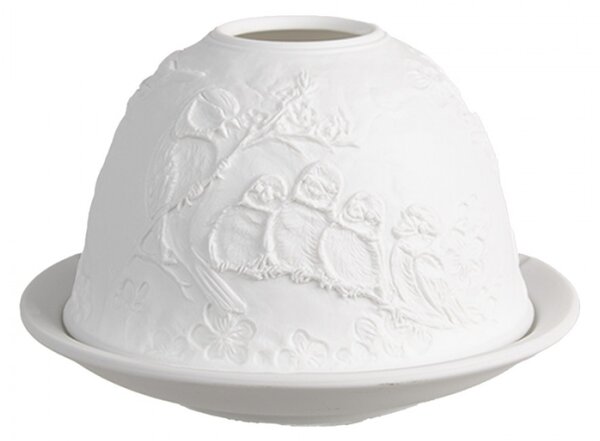 Bílý porcelánový svícen na čajovou svíčku s ptačí rodinkou a kytičkami – 12x8 cm