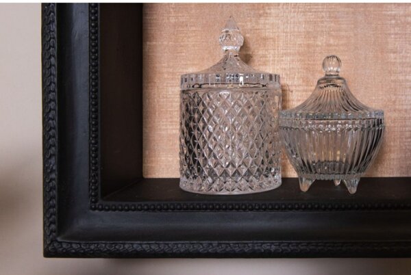 Transparentní skleněná nádoba na bonbony s víkem s proužky na nožičkách – 9x12 cm