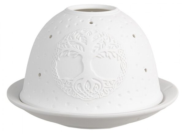 Bílý porcelánový svícen na čajovou svíčku strom života – 12x8 cm