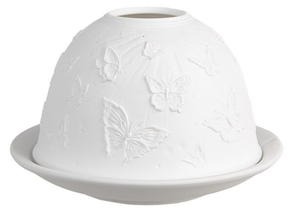 Bílý porcelánový svícen na čajovou svíčku s motýlky Basthijn – 12x8 cm