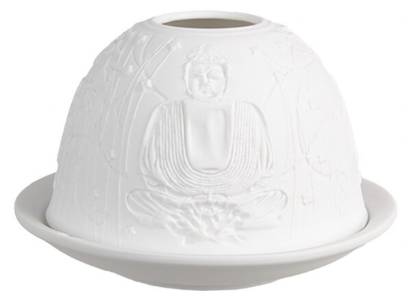 Bílý porcelánový svícen na čajovou svíčku Buddha a bambus – 12x8 cm