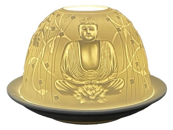Bílý porcelánový svícen na čajovou svíčku Buddha a bambus – 12x8 cm