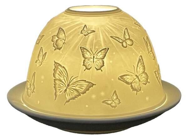 Bílý porcelánový svícen na čajovou svíčku s motýlky Basthijn – 12x8 cm