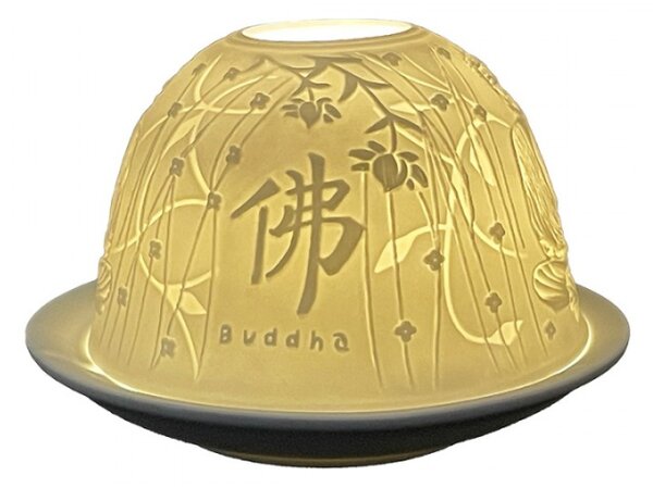 Bílý porcelánový svícen na čajovou svíčku Buddha a bambus – 12x8 cm