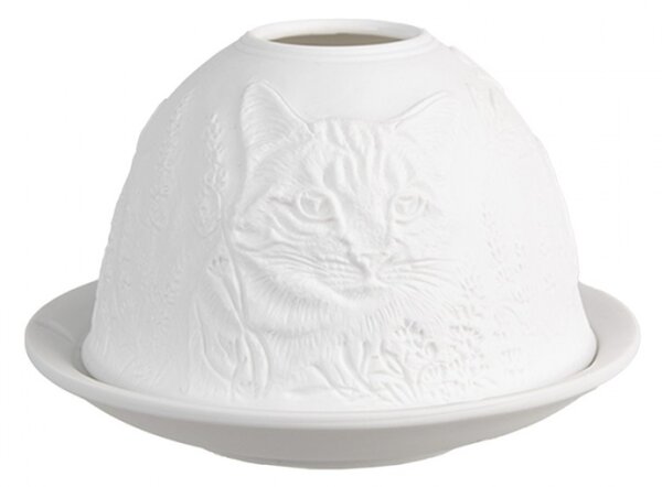 Bílý porcelánový svícen na čajovou svíčku kočka s květinami – 12x8 cm