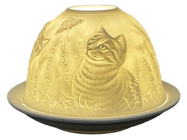 Bílý porcelánový svícen na čajovou svíčku kočka s květinami – 12x8 cm