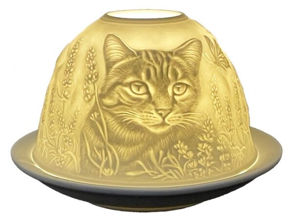 Bílý porcelánový svícen na čajovou svíčku kočka s květinami – 12x8 cm