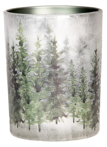 Sada 2 šedé skleněné svícny zelené jehličnaté stromky – 10x22 cm